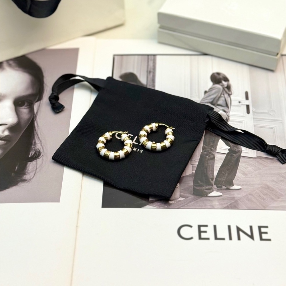 Women's Celine Gold & White Enamel Hoop Earrings for Modern Minimalist Chic